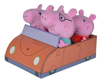 Simba 109261006 - Peppa Pig Figuren im Auto, Peppa Wutz Kuscheltiere (4-teilig: Mama Wutz, Papa Wutz, Peppa & Schorsch) inkl. Auto aus Pappe - 1