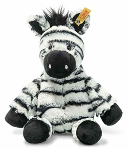 Steiff 069109 Original Plüschtier Zora Zebra, Soft Cuddly Friends Kuscheltier ca. 30 cm, Markenplüsch mit Knopf im Ohr, Schmusefreund für Babys von Geburt an, weiß-schwarz - 1